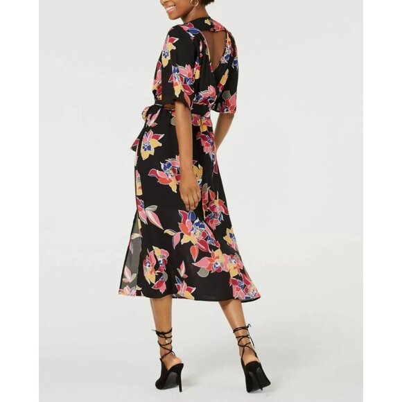 Trixxi Floral Faux Wrap Midi Dress Black Multicolor Tropical Open Back Med - Picture 2 of 14